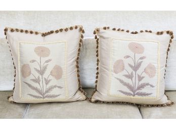 Pair Of Frilled Cream-Colored Throw Pillows With Pink Floral Motif