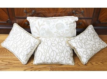 Set Of Four Throw Pillows In White Silk With Tan Embroidery