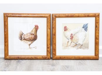Pair Of Framed Artwork Of Chickens By Joanne Evans