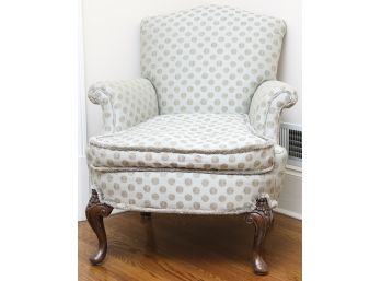 Custom Upholstered Armchair With Carved Mahogany Legs