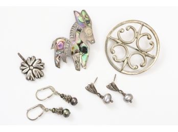 Collection Of Sterling Silver Earrings And Brooches