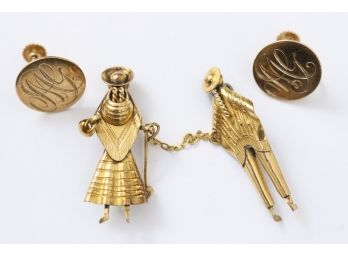 14k Gold Monogram Pins And Yellow Gold Figurine Brooch Set