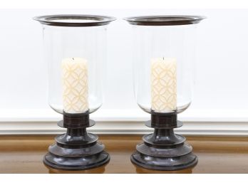 Pair Of Raised Hurricane Candle Holders With Candles
