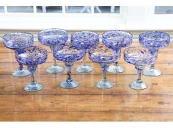 Set Of Nine Hand-Blown Blue-Speckled Margarita Glasses