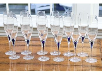 Set Of Twelve Blue Stem Crystal Champagne Glasses By Orrefors