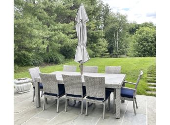Outdoor Plank Style Table, Woven Chairs With Cushions And Umbrella By RST Brands