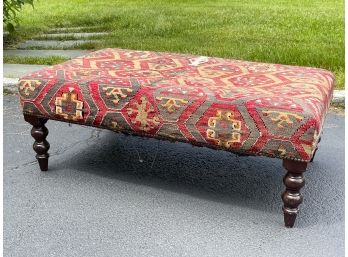 Kilim-Upholstered Ottoman With Turned Mahogany Legs
