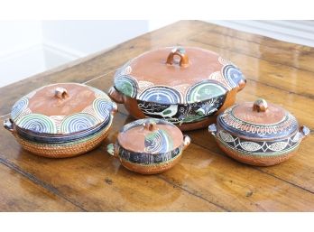Set Of Four Mexican Pottery Style Hand-Painted Lidded Terracotta Clay Pots