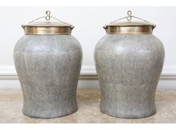 Pair Of Faux Shagreen Ceramic Lidded Urns By Tozai Home