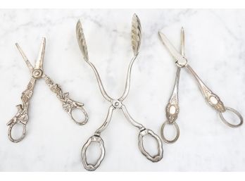 Collection Of Sterling Silver Shears And Tongs