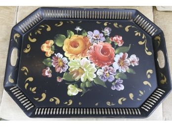 Tole Serving Tray With Gallery Edge And Hand-Painted Floral Motif