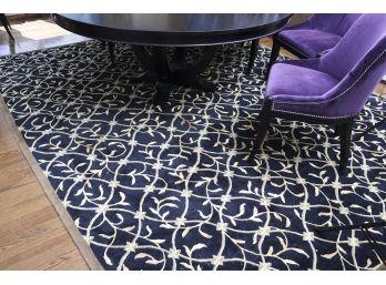 Large Navy Area Rug With Stylized Floral Pattern